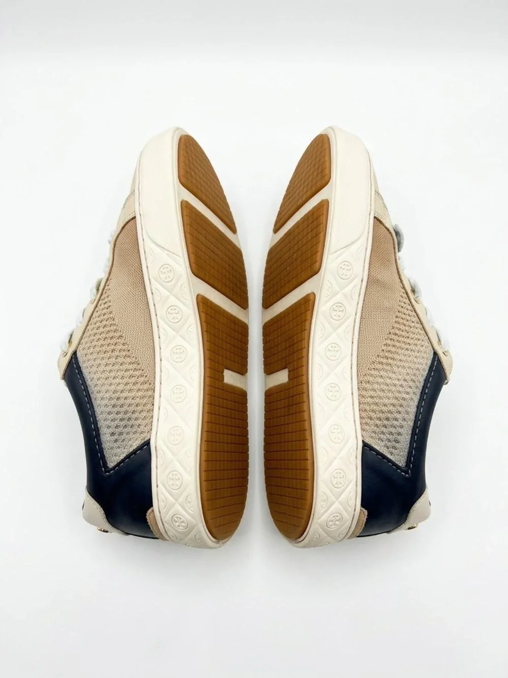 Tory Burch Tan, Navy & Cream Knit Leather Low-Top Sneakers